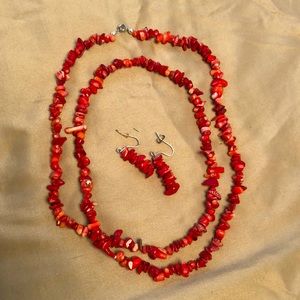 34” Single Strand of Red Coral Necklace/Earrings